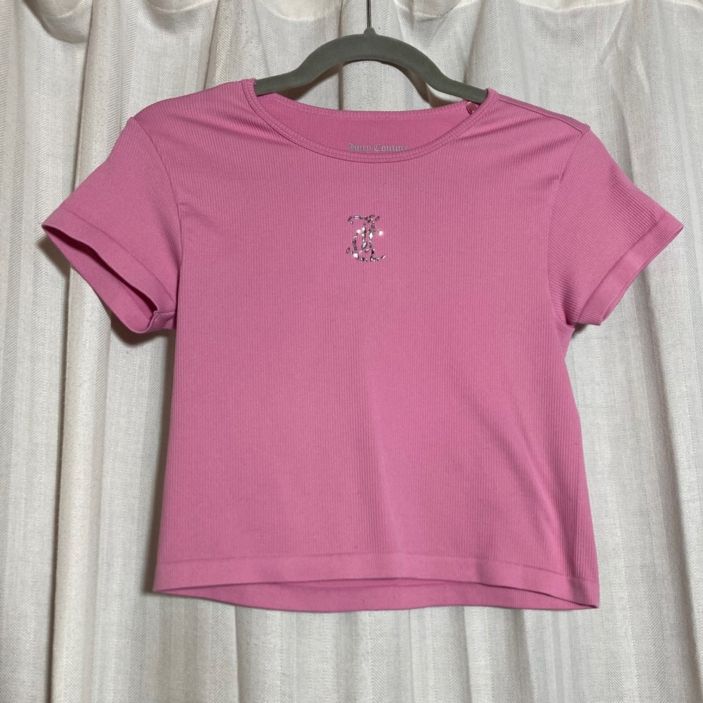 Juicy Couture Pink Ribbed Rhinestone Logo Baby Tee Crop Top Women S/M Y2K Style
